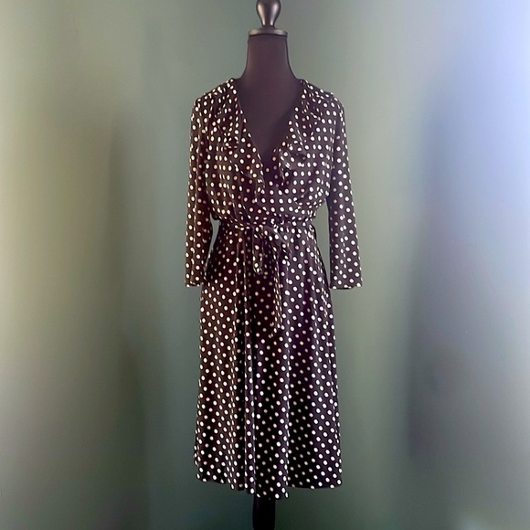 Chaps Black mock wrap Dress with White Dots - Picture 1 of 6